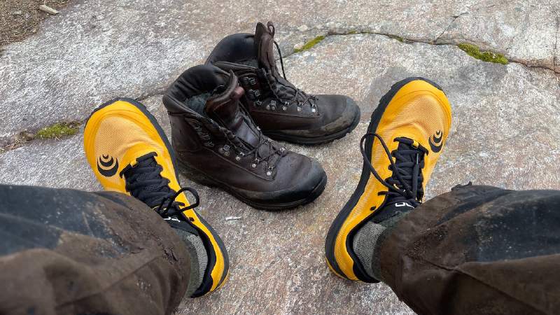 Two-shoe rotation system: Alfa Impact boots (main hiking) and Topo MTN Racer 2 trail runners (relief). Wide footbox in the Topos delivered zero blisters over 401km.