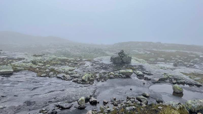 Navigation risk: Cairn in dense fog in Breheimen