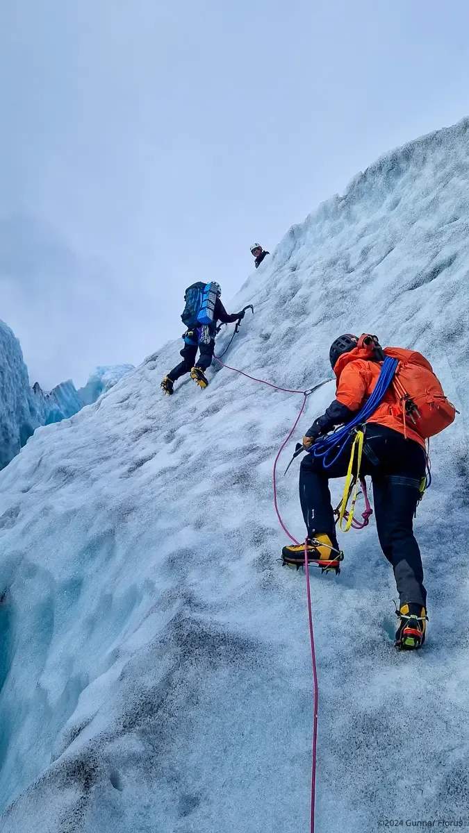 Roping up for traversing the first icefall