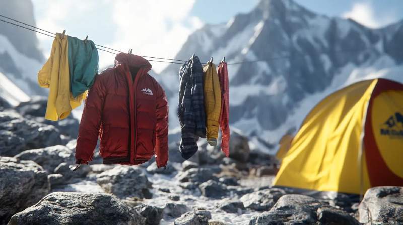 Drying out gear at basecamp: proper airing between wears is key to keeping bacteria and odour at bay during expeditions.